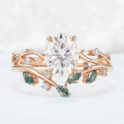 Nature Inspired Oval Cut Moissanite Leaf and Vine Ring Set 2pcs