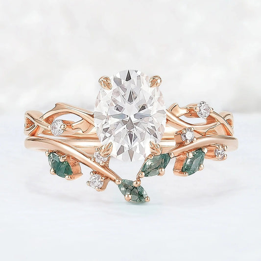 Nature Inspired Oval Cut Moissanite Leaf and Vine Ring Set 2pcs