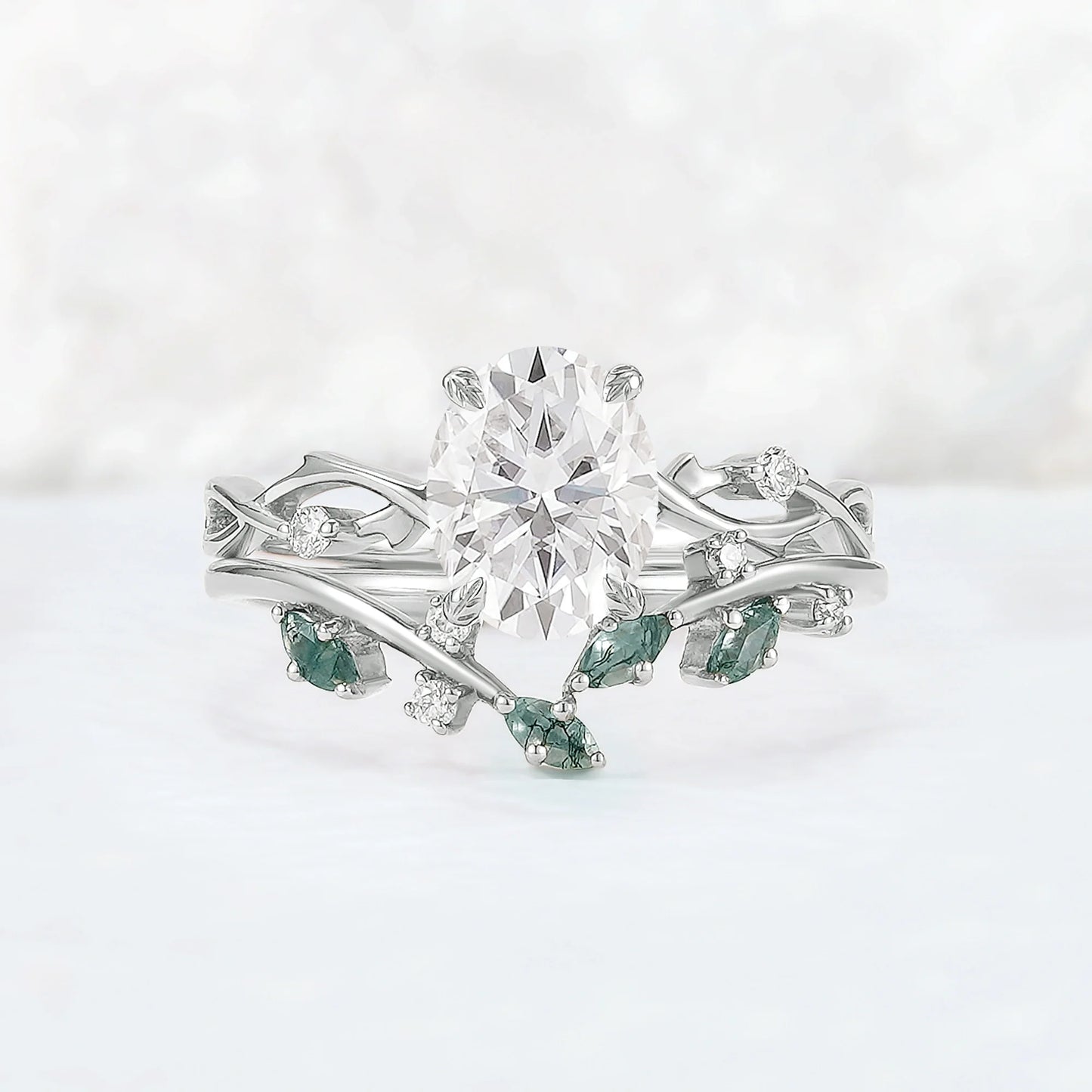 Nature Inspired Oval Cut Moissanite Leaf and Vine Ring Set 2pcs