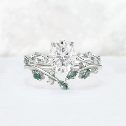 Nature Inspired Oval Cut Moissanite Leaf and Vine Ring Set 2pcs