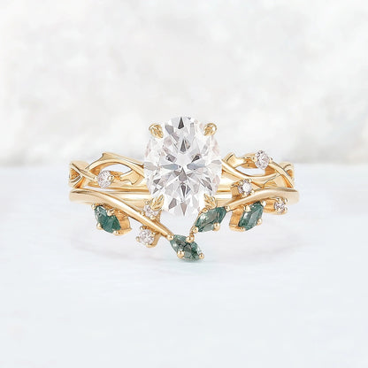 Nature Inspired Oval Cut Moissanite Leaf and Vine Ring Set 2pcs