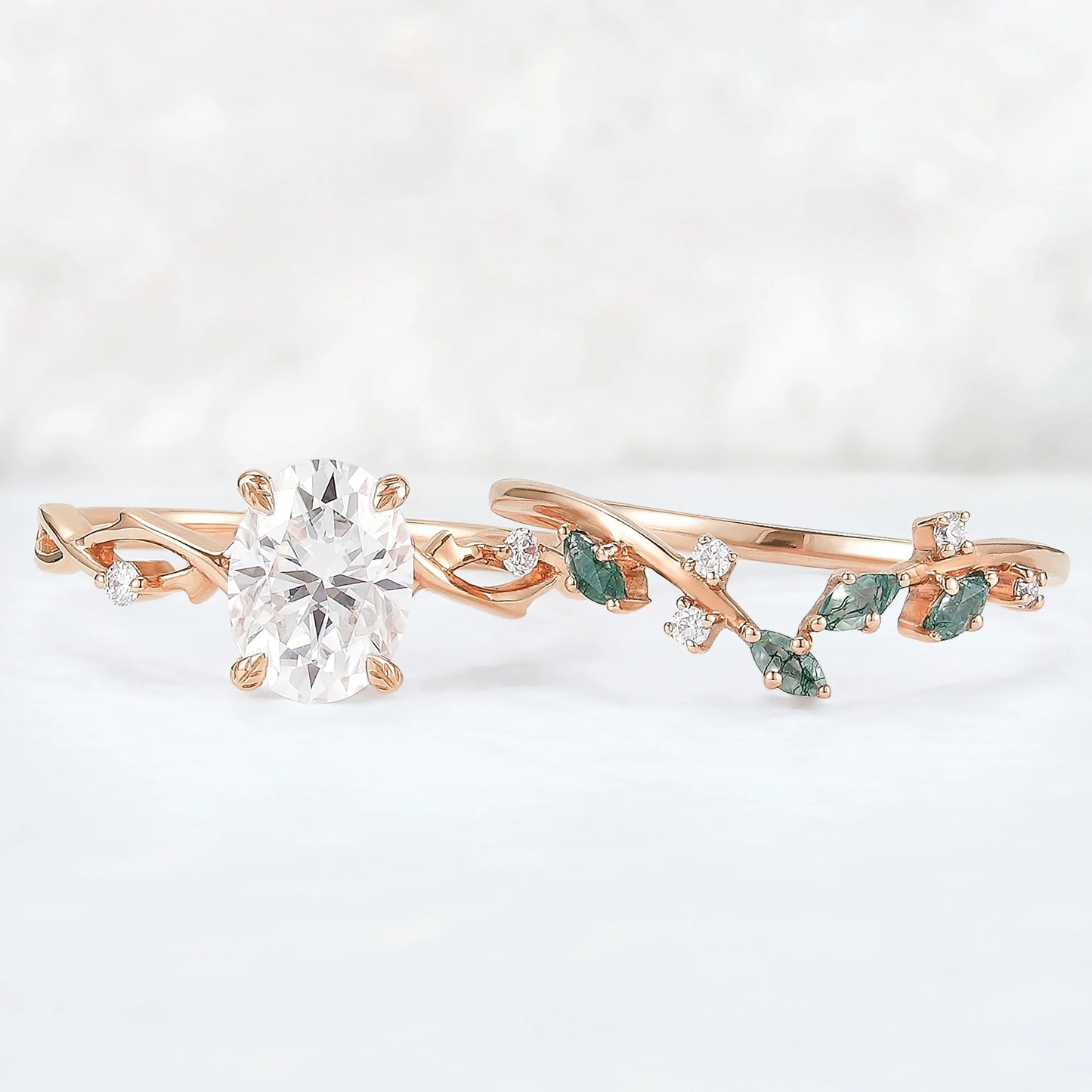 Nature Inspired Oval Cut Moissanite Leaf and Vine Ring Set 2pcs