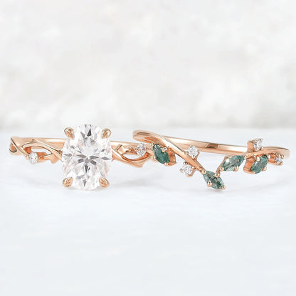 Nature Inspired Oval Cut Moissanite Leaf and Vine Ring Set 2pcs