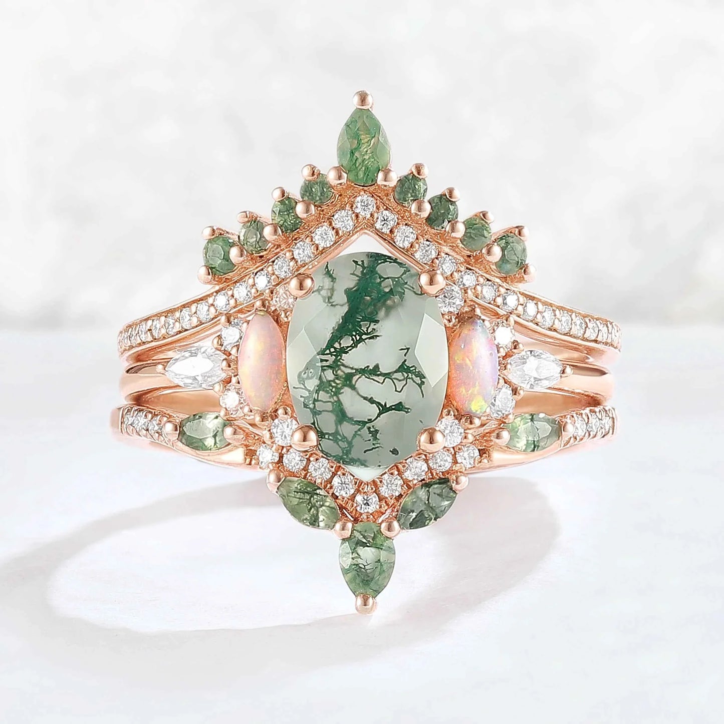 Nature Inspired Oval Cut Moss Agate Cluster Gemstone Ring Set 3pcs