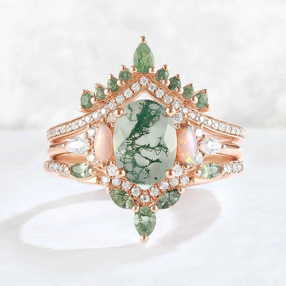 Nature Inspired Oval Cut Moss Agate Cluster Gemstone Ring Set 3pcs