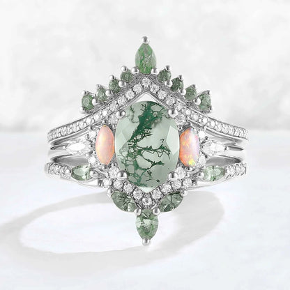 Nature Inspired Oval Cut Moss Agate Cluster Gemstone Ring Set 3pcs
