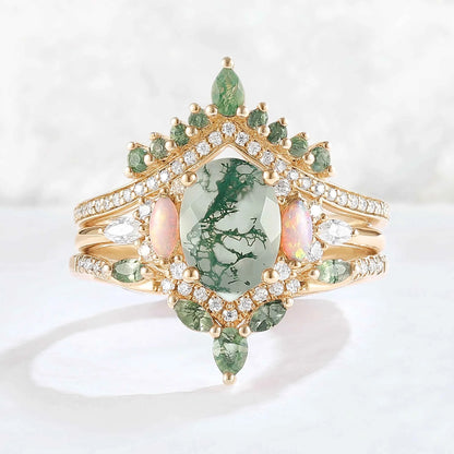 Nature Inspired Oval Cut Moss Agate Cluster Gemstone Ring Set 3pcs