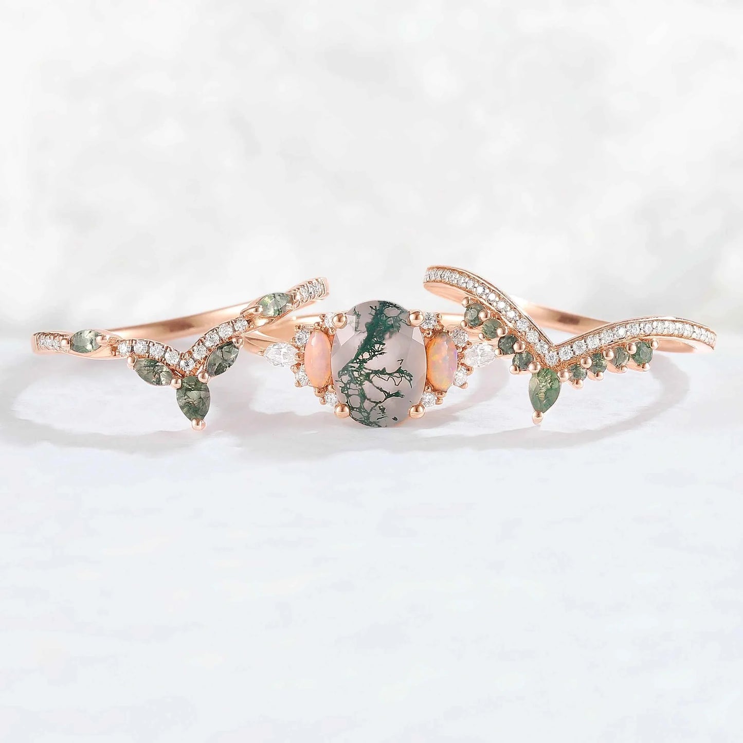 Nature Inspired Oval Cut Moss Agate Cluster Gemstone Ring Set 3pcs