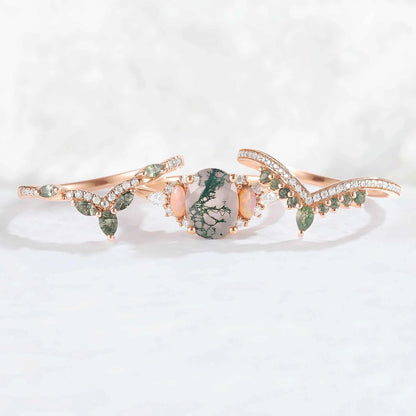 Nature Inspired Oval Cut Moss Agate Cluster Gemstone Ring Set 3pcs