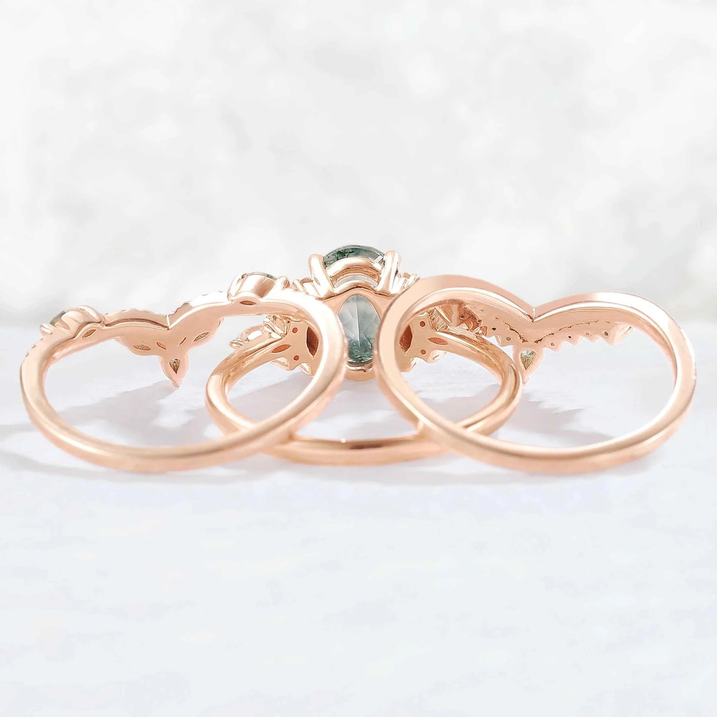 Nature Inspired Oval Cut Moss Agate Cluster Gemstone Ring Set 3pcs