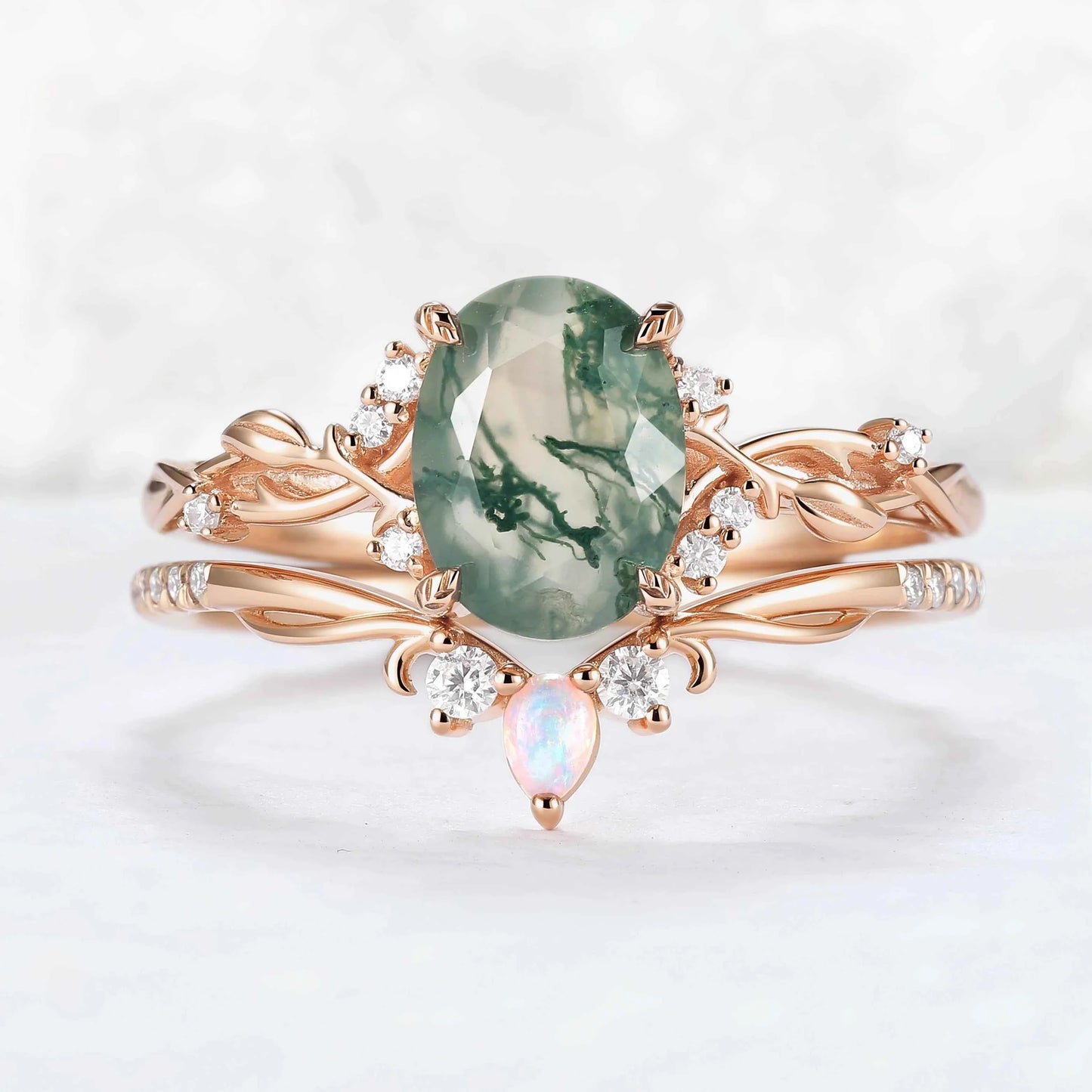 Nature Inspired Oval Cut Moss Agate Gemstone Ring Set 2pcs