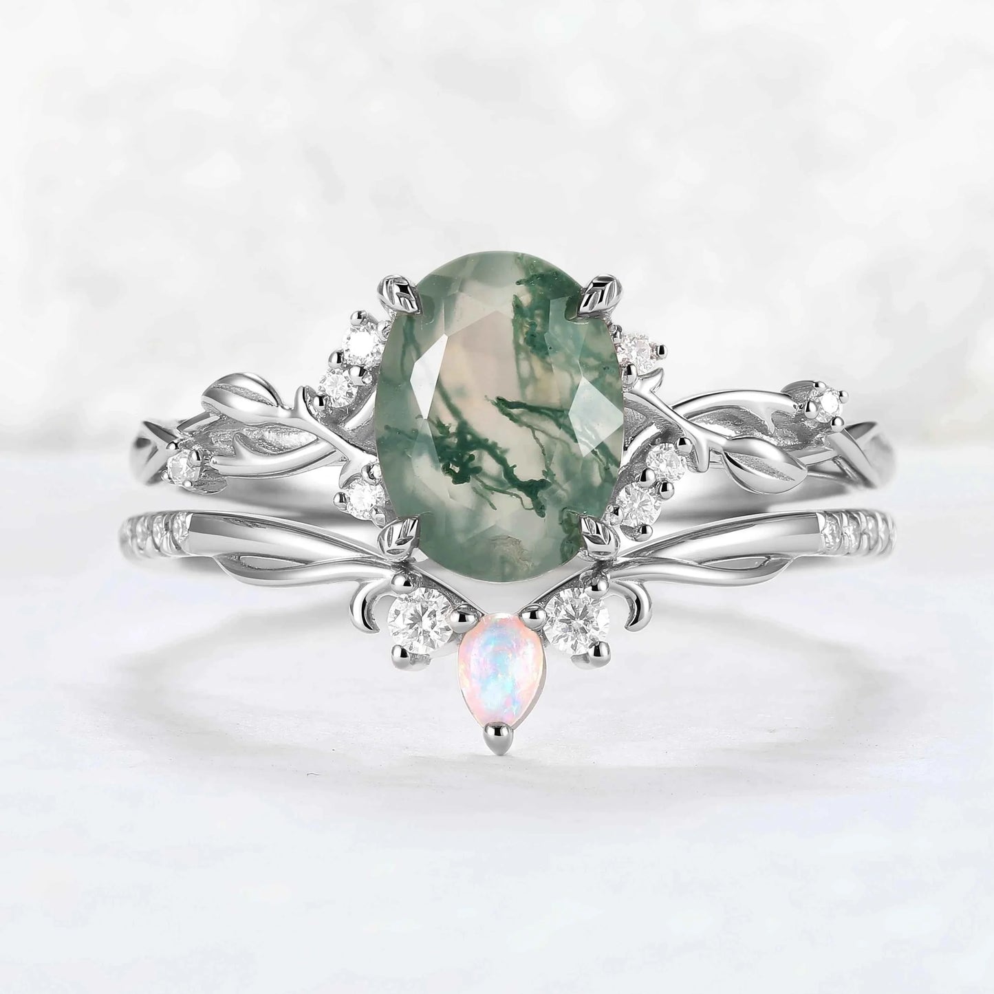 Nature Inspired Oval Cut Moss Agate Gemstone Ring Set 2pcs