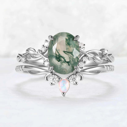 Nature Inspired Oval Cut Moss Agate Gemstone Ring Set 2pcs