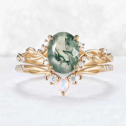Nature Inspired Oval Cut Moss Agate Gemstone Ring Set 2pcs