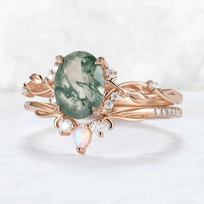 Nature Inspired Oval Cut Moss Agate Gemstone Ring Set 2pcs