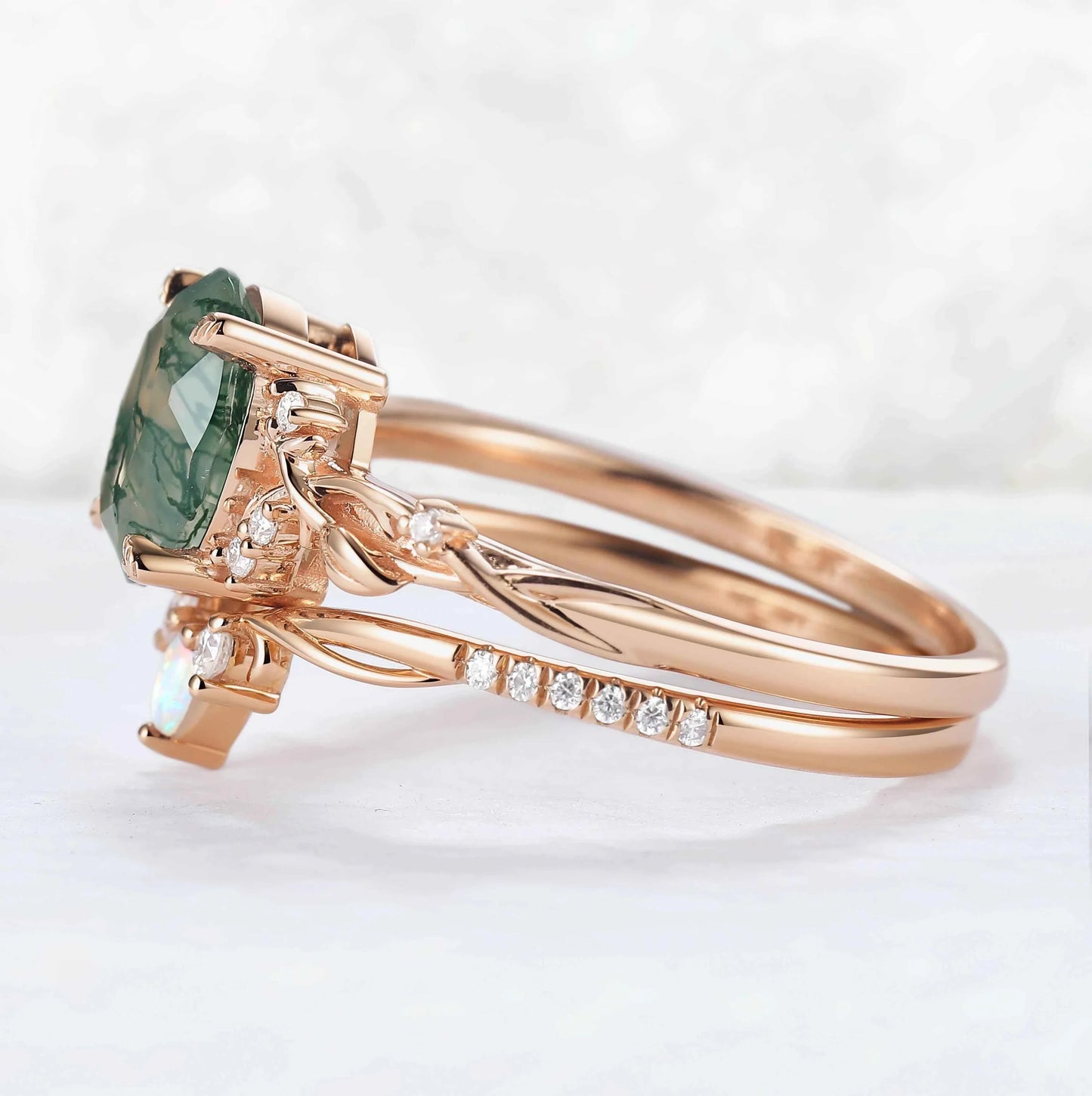 Nature Inspired Oval Cut Moss Agate Gemstone Ring Set 2pcs