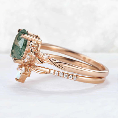 Nature Inspired Oval Cut Moss Agate Gemstone Ring Set 2pcs