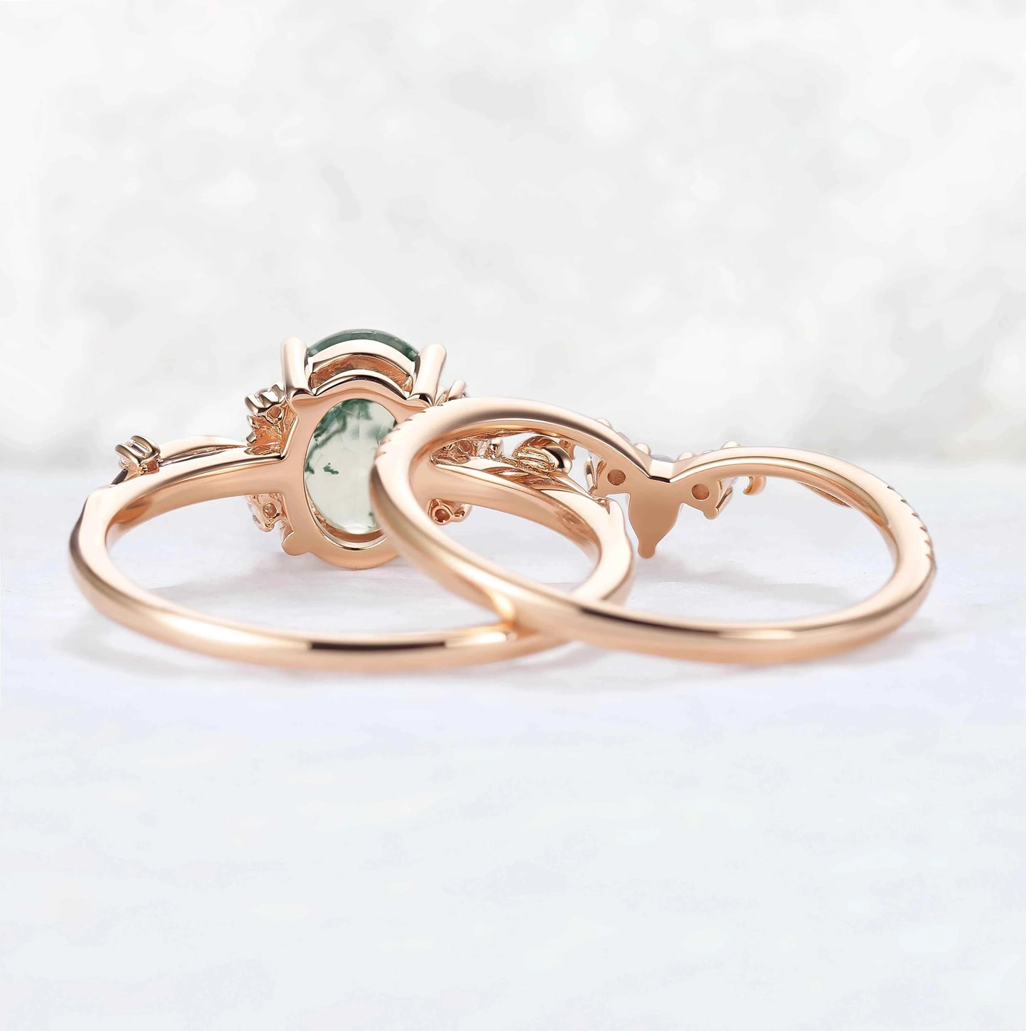 Nature Inspired Oval Cut Moss Agate Gemstone Ring Set 2pcs