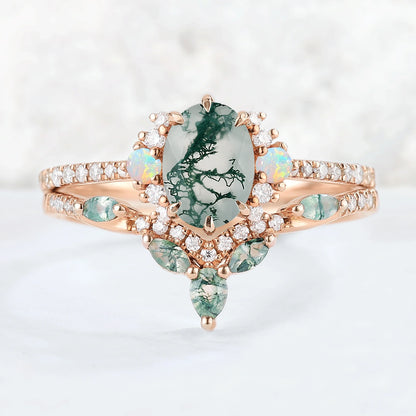 Nature Inspired Oval Cut Moss Agate Half Enternity Gemstone Ring Set 2pcs