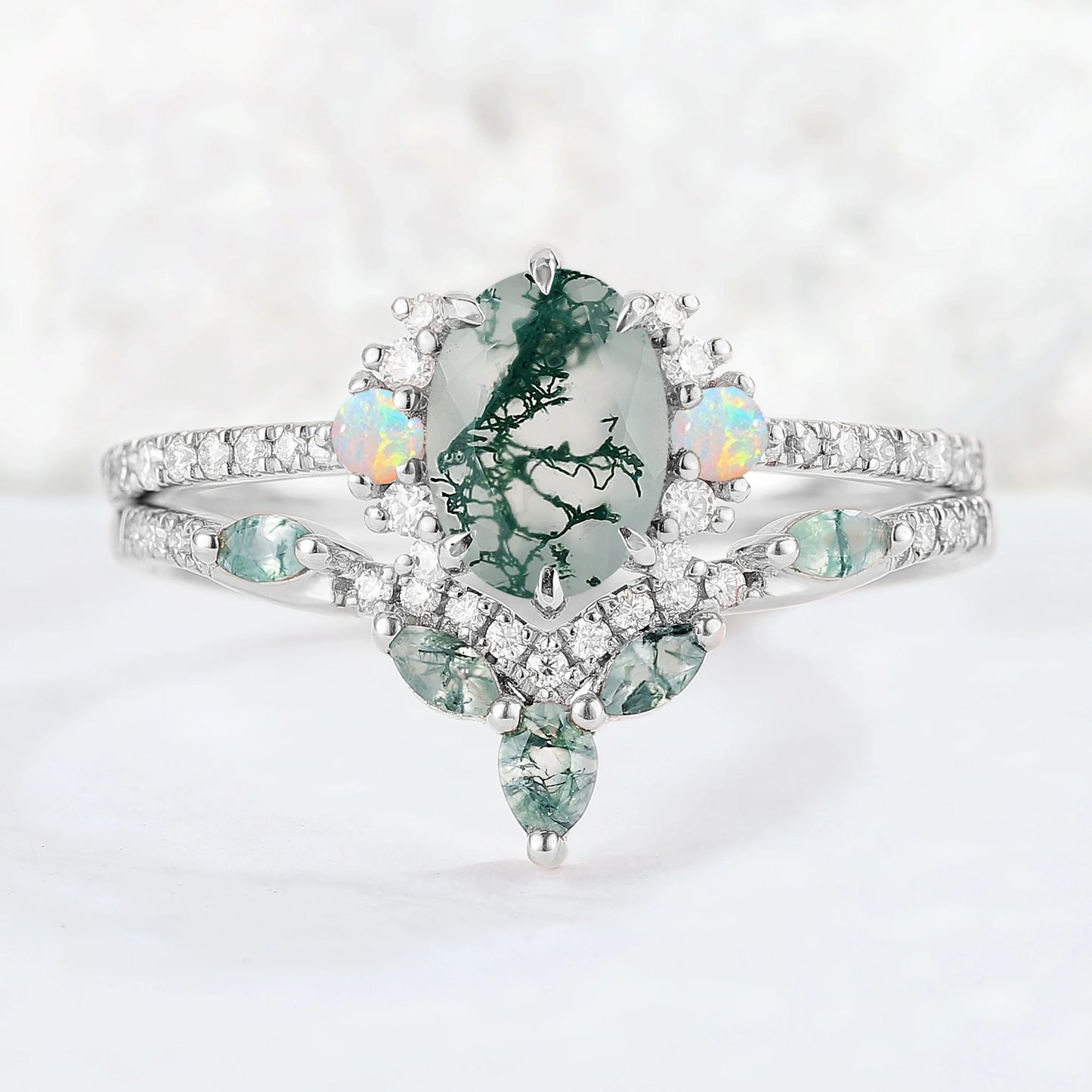 Nature Inspired Oval Cut Moss Agate Half Enternity Gemstone Ring Set 2pcs
