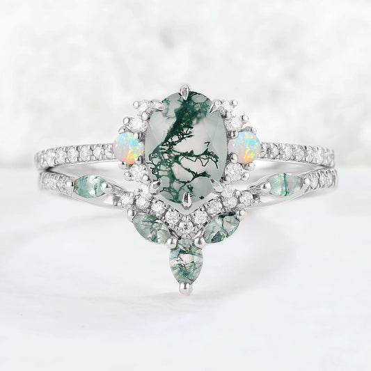 Nature Inspired Oval Cut Moss Agate Half Enternity Gemstone Ring Set 2pcs