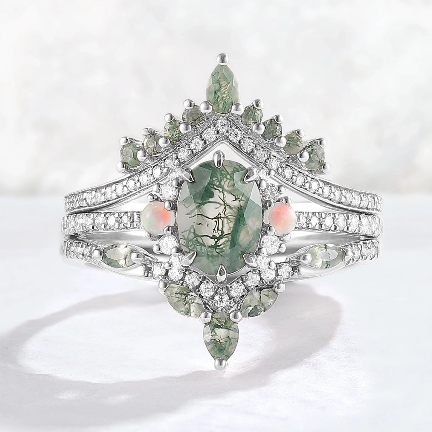 Nature Inspired Oval Cut Moss Agate Half Eternity Gemstone Ring Set 3pcs