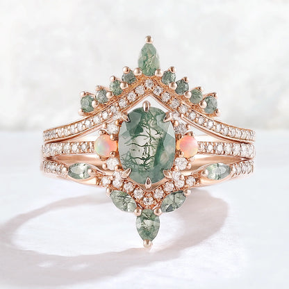 Nature Inspired Oval Cut Moss Agate Half Eternity Gemstone Ring Set 3pcs