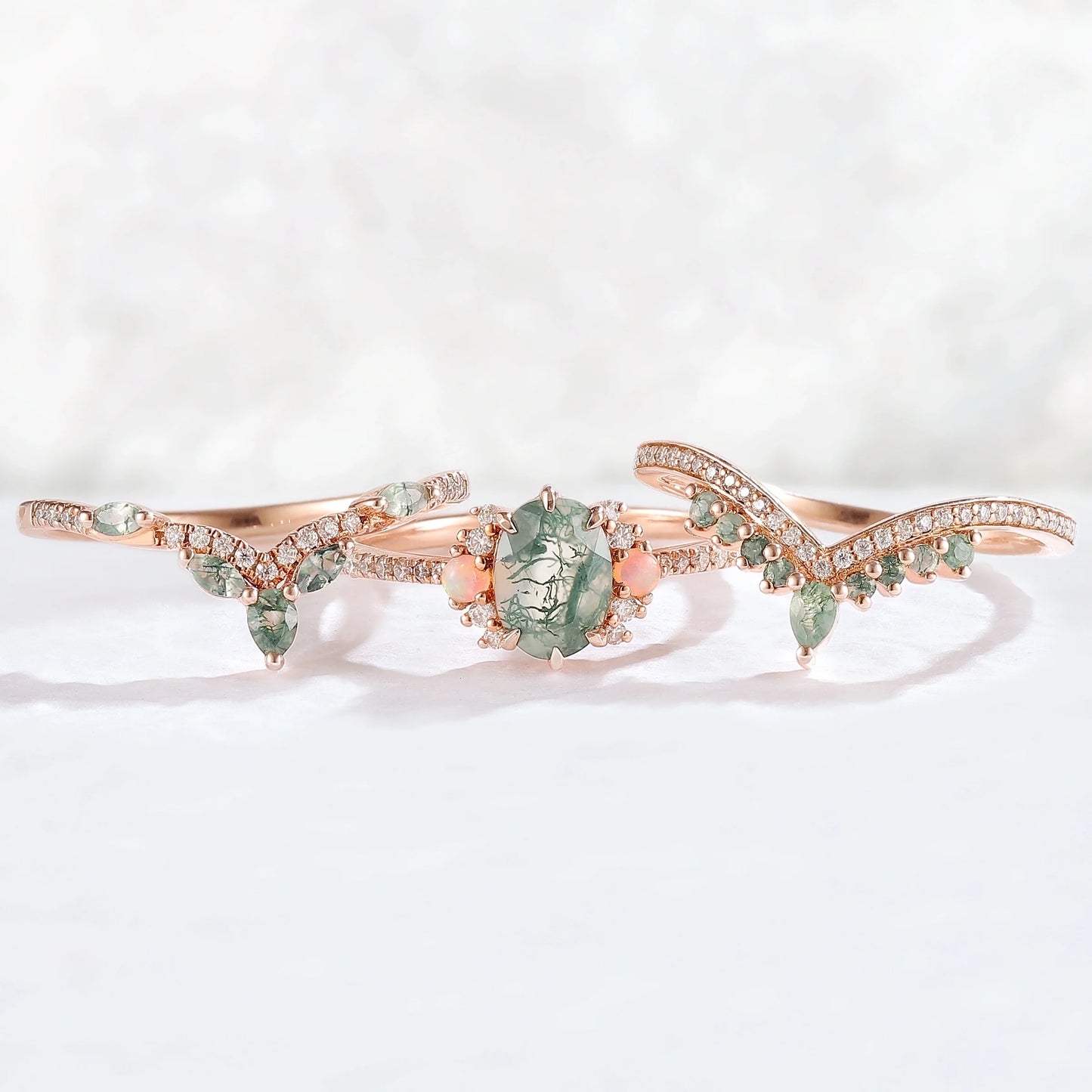 Nature Inspired Oval Cut Moss Agate Half Eternity Gemstone Ring Set 3pcs