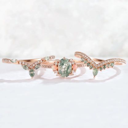 Nature Inspired Oval Cut Moss Agate Half Eternity Gemstone Ring Set 3pcs