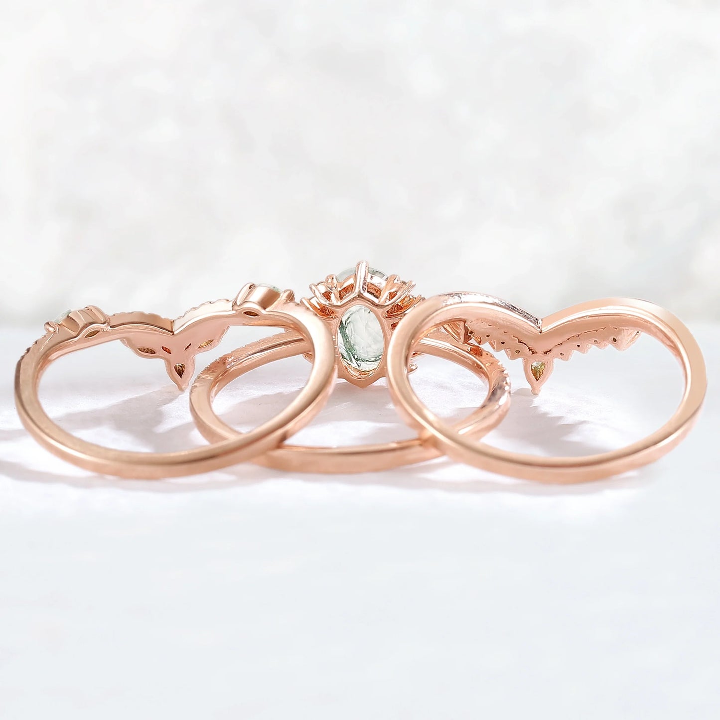 Nature Inspired Oval Cut Moss Agate Half Eternity Gemstone Ring Set 3pcs