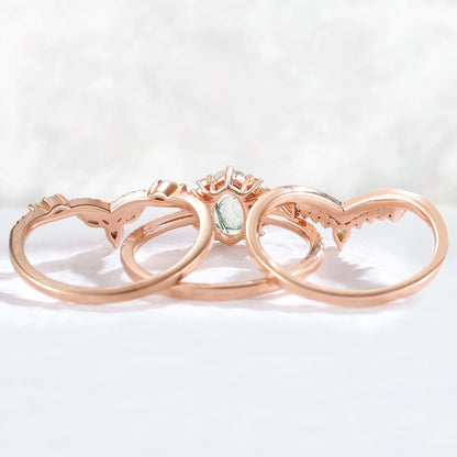 Nature Inspired Oval Cut Moss Agate Half Eternity Gemstone Ring Set 3pcs