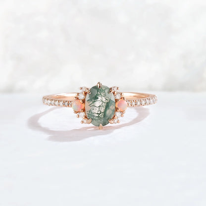 Nature Inspired Oval Cut Moss Agate Half Eternity Gemstone Ring Set 3pcs