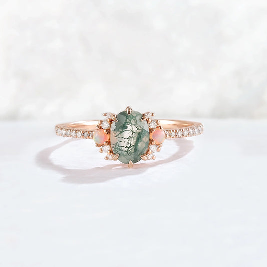 Nature Inspired Oval Cut Moss Agate Half Eternity Gemstone Ring Set 3pcs