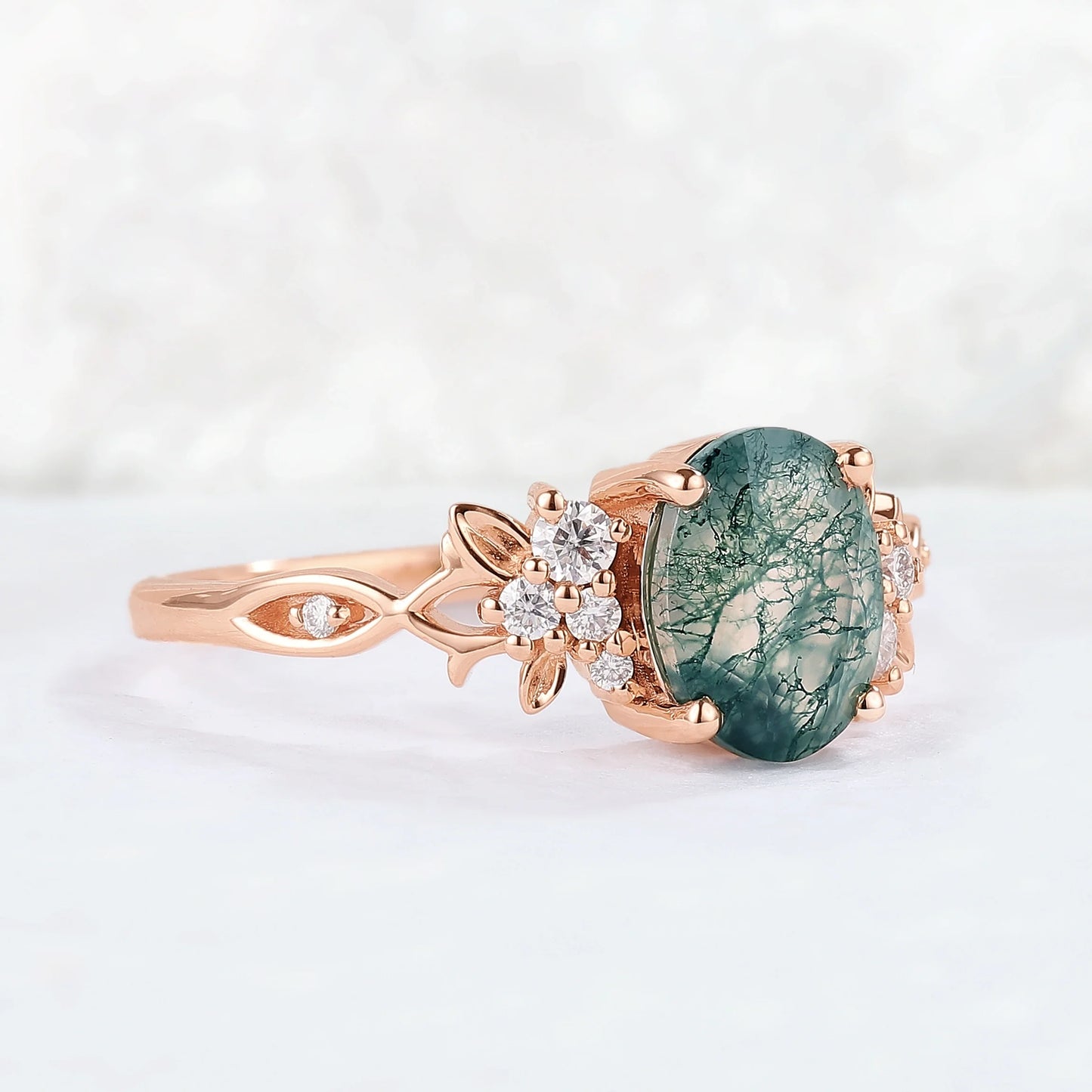 Nature Inspired Oval Cut Moss Agate Leaf Gemstone Ring