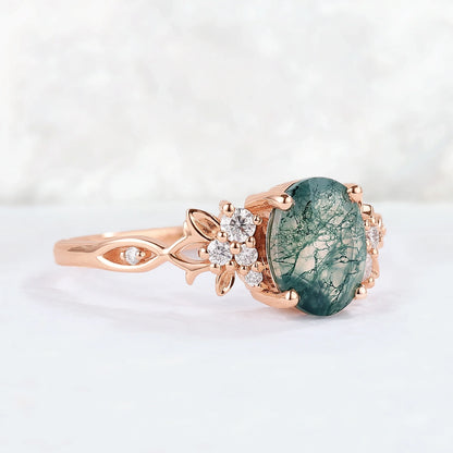 Nature Inspired Oval Cut Moss Agate Leaf Gemstone Ring