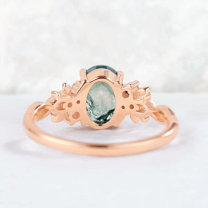 Nature Inspired Oval Cut Moss Agate Leaf Gemstone Ring