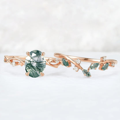 Nature Inspired Oval Cut Moss Agate Leaf and Twig Ring Set 2pcs