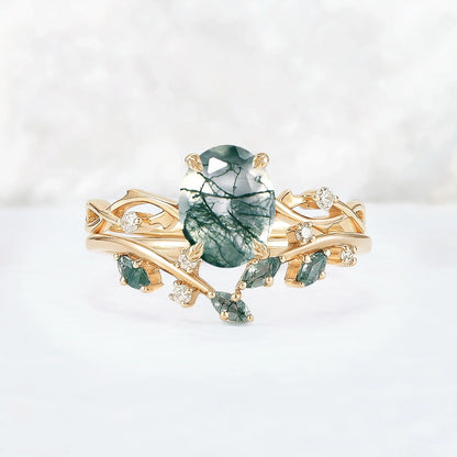 Nature Inspired Oval Cut Moss Agate Leaf and Twig Ring Set 2pcs