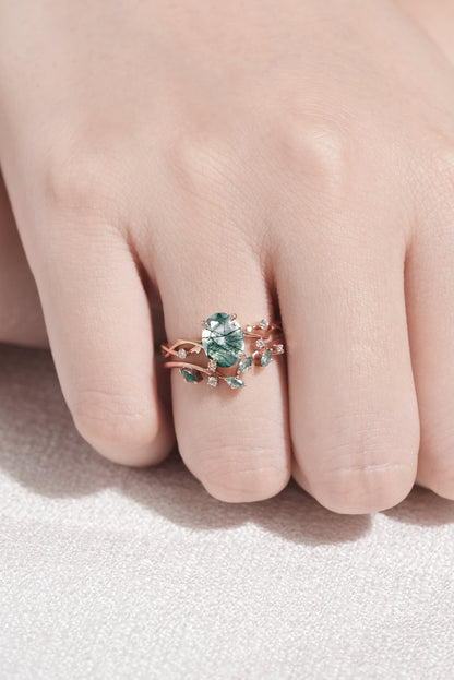 Nature Inspired Oval Cut Moss Agate Leaf and Twig Ring Set 2pcs