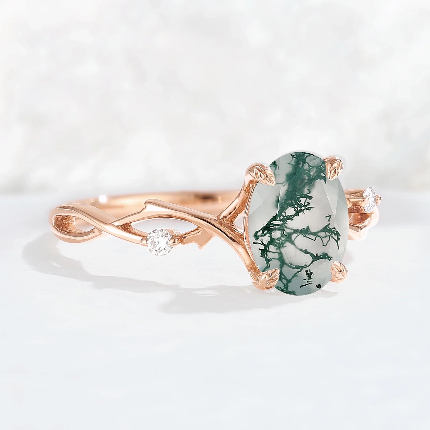 Nature Inspired Oval Cut Moss Agate Twist Vine Ring