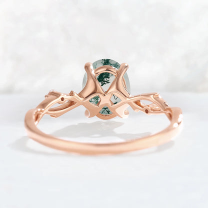 Nature Inspired Oval Cut Moss Agate Twist Vine Ring