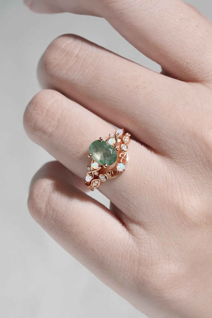 Nature Inspired Oval Cut Moss Agate Vine Twist Engagement Ring Set 2pcs