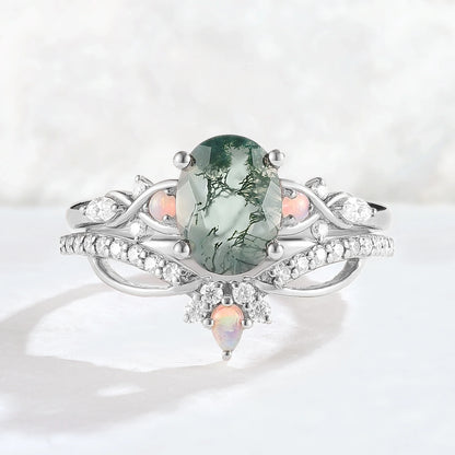 Nature Inspired Oval Cut Moss Agate Vine Twist Gemstone Ring Set 2pcs