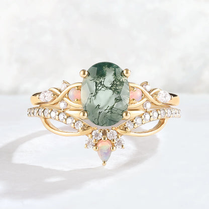 Nature Inspired Oval Cut Moss Agate Vine Twist Gemstone Ring Set 2pcs