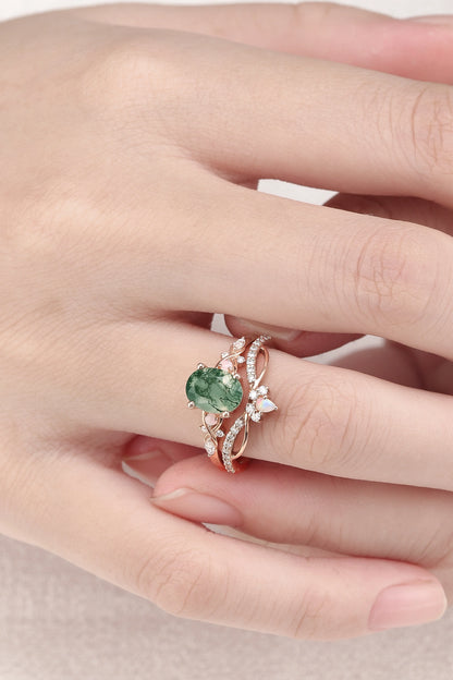 Nature Inspired Oval Cut Moss Agate Vine Twist Gemstone Ring Set 2pcs