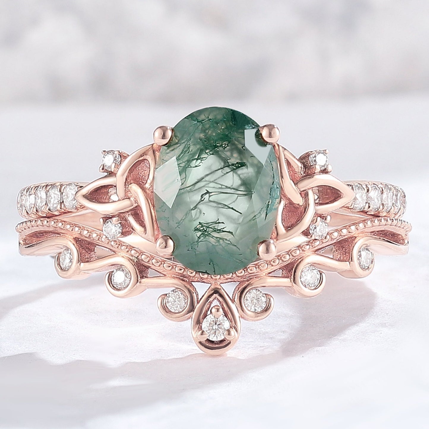 Nature Inspired Oval Cut Moss Agate Vine Twist Ring Set 2pcs