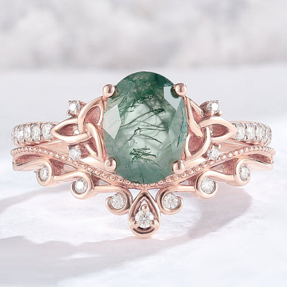 Nature Inspired Oval Cut Moss Agate Vine Twist Ring Set 2pcs