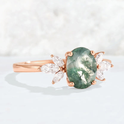 Nature Inspired Oval Cut Moss Agate with Petal Side Gemstone Ring