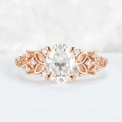 Nature Inspired Oval Moissanite Petal Shape Gemstone Ring