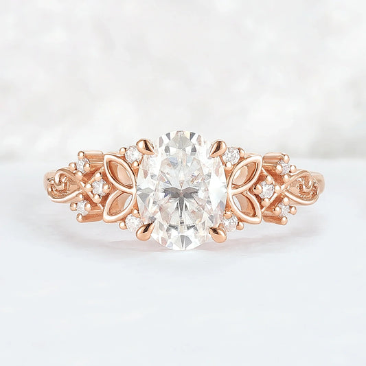 Nature Inspired Oval Moissanite Petal Shape Gemstone Ring